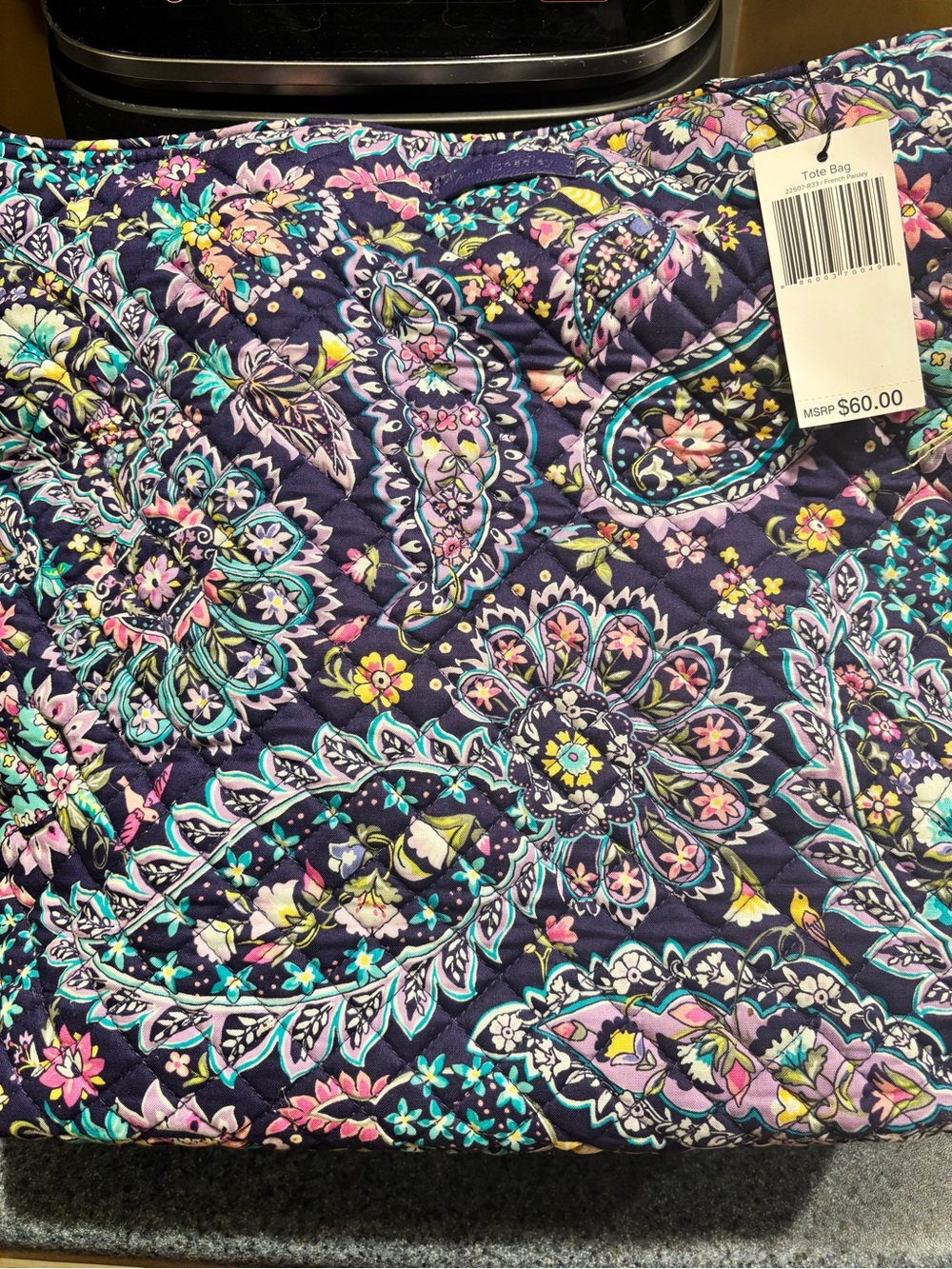 Quilted Floral Paisley Tote Bag - Navy Background with Pastel Accents